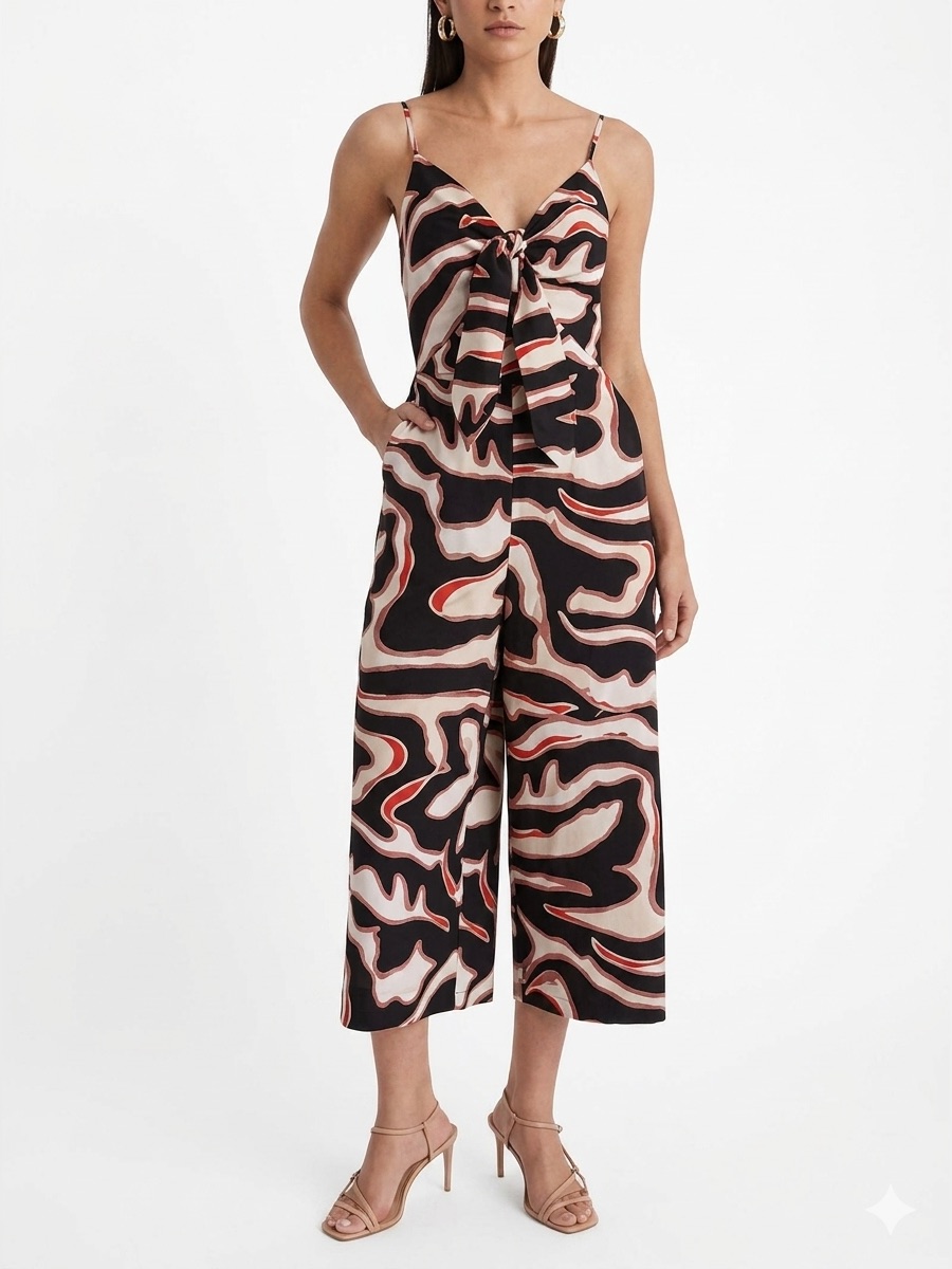 Express Printed Tie Front Cropped Wide Leg Poplin Jumpsuit Size Small Nwt